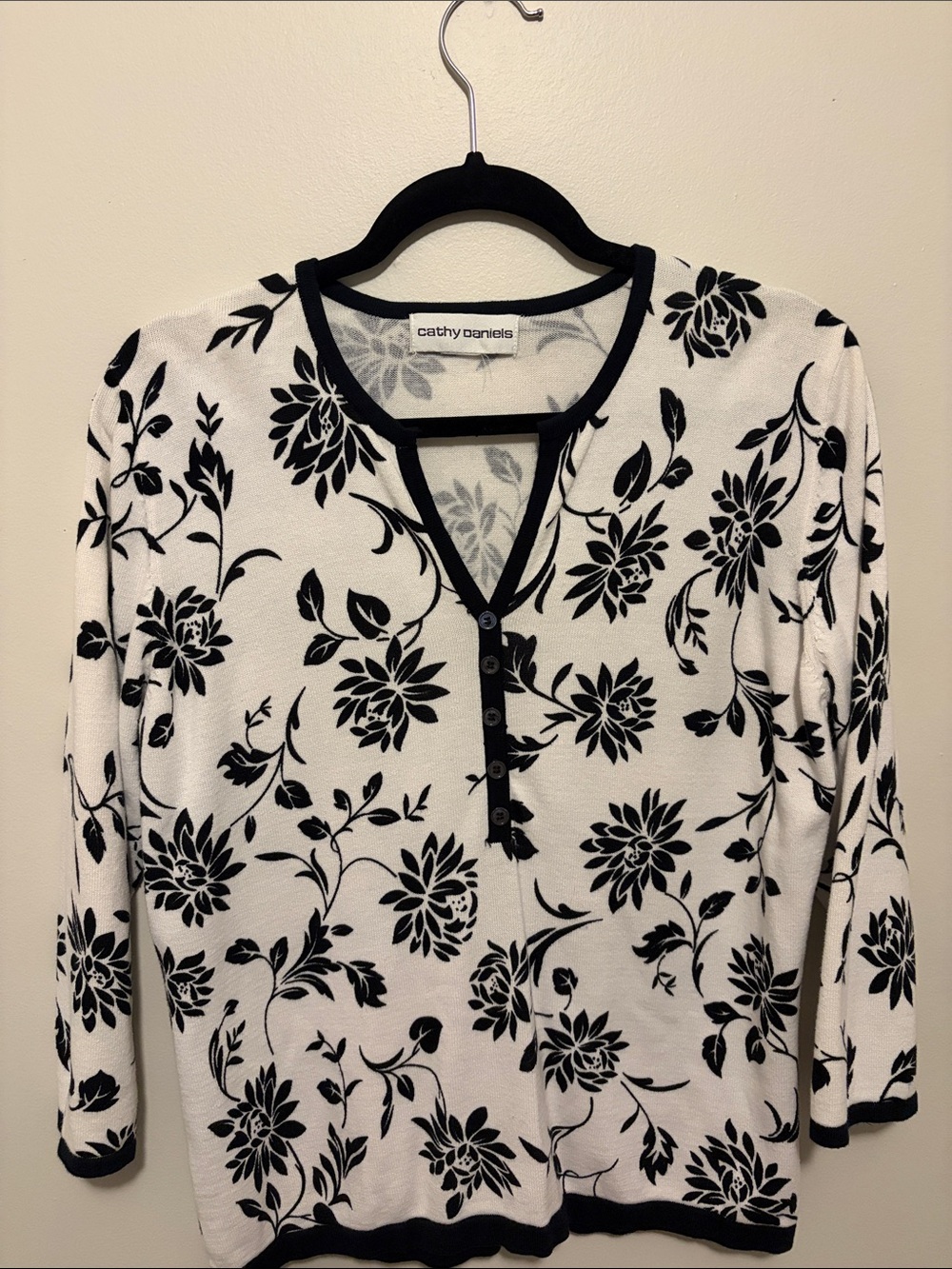 Cathy Daniels White Knit Henley with Black Floral Print